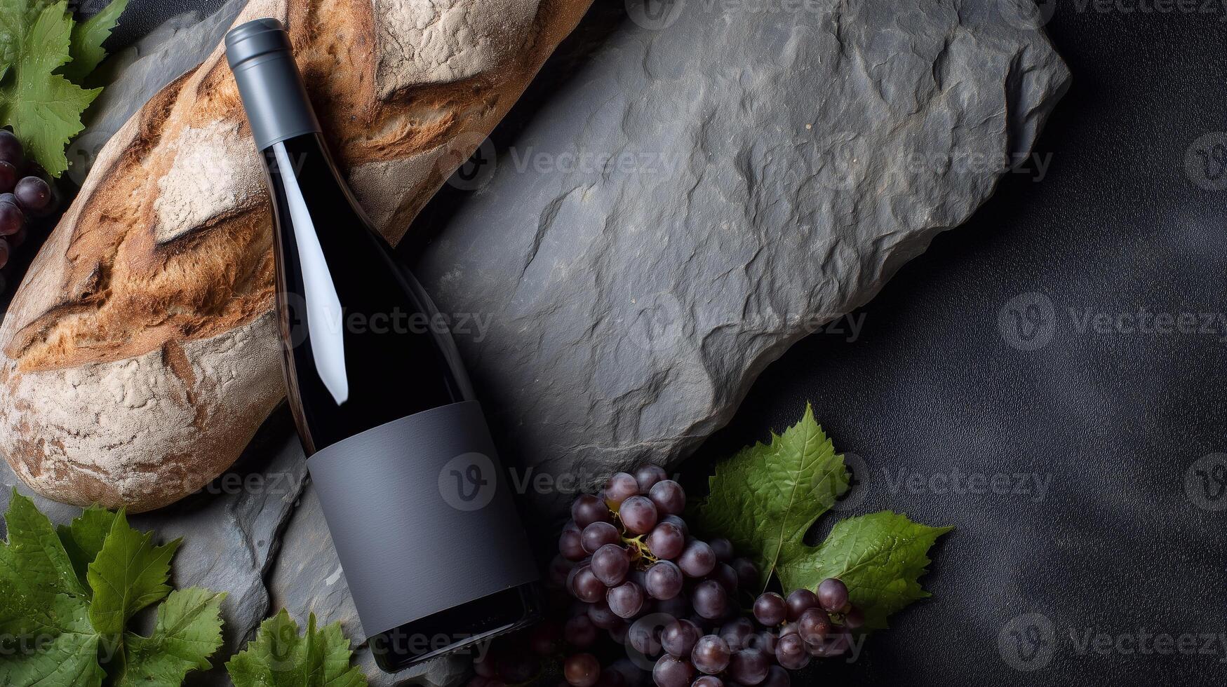 Wine bottle mockup with blank label placed beside grapes and artisan bread on slate stone. Ideal for showcasing branding, wine packaging design, and premium tasting concepts in rustic setting. photo