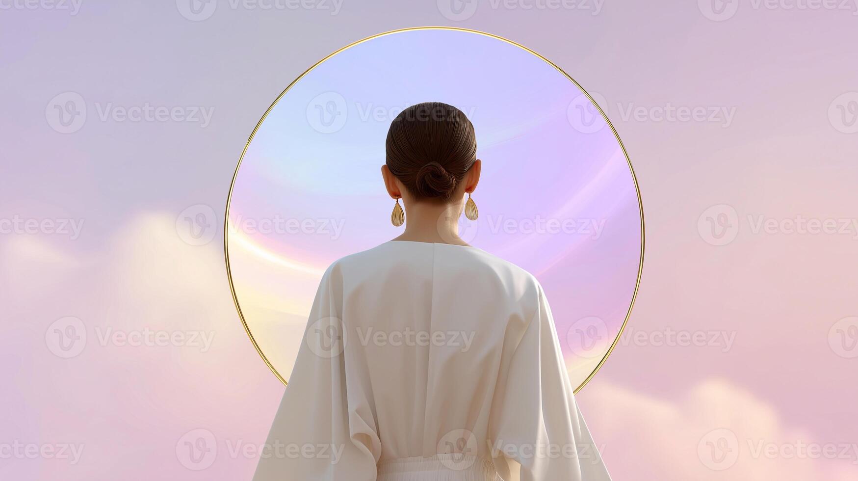 Back view of elegant woman in white looking into glowing circular frame on pastel sky background. Symbol of self-reflection, calmness, self-love, healing, and spiritual balance. photo