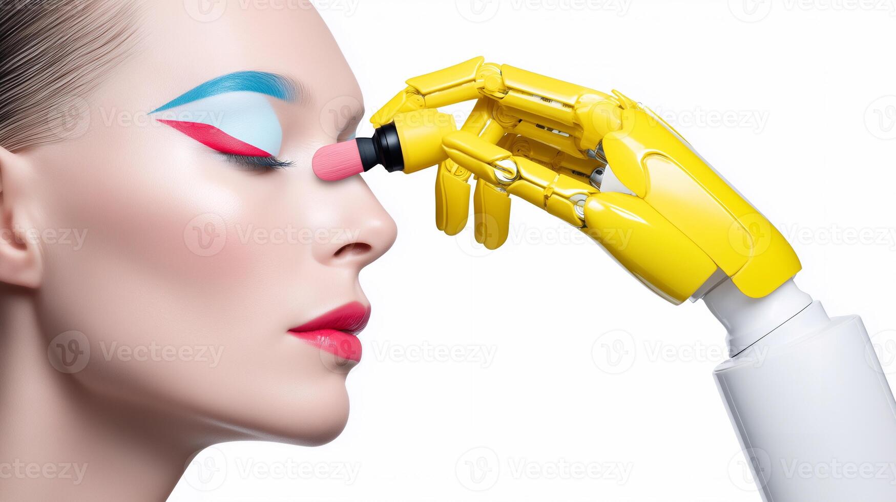 Bright artistic makeup applied by robotic arm. Beauty technology concept combining artificial intelligence, cosmetics, and innovation in futuristic skincare and automation. photo