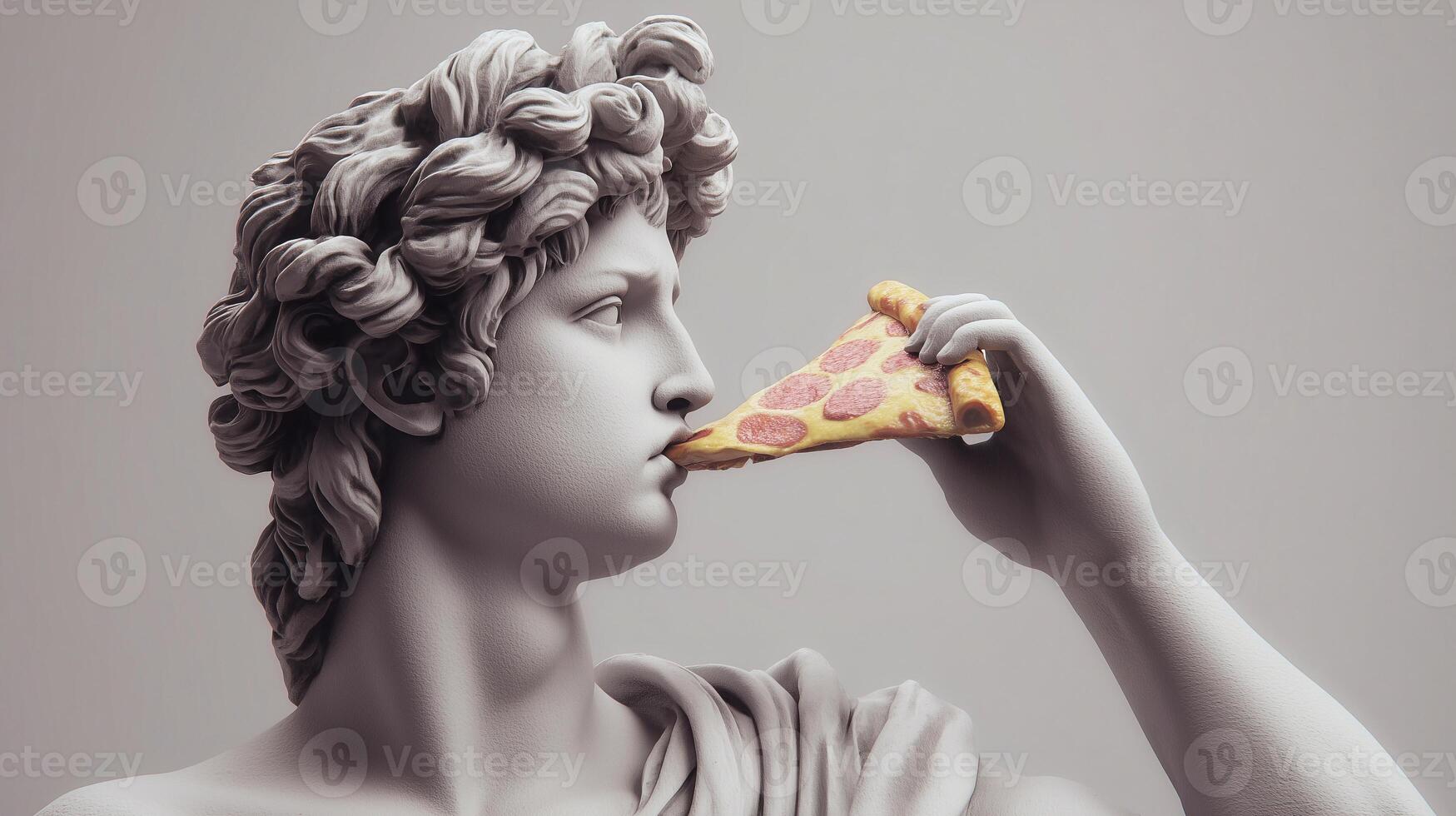 Classical marble statue humorously eating pepperoni pizza. Creative fusion of ancient art and modern fast food. Minimalist background adds surreal and pop culture contrast. photo