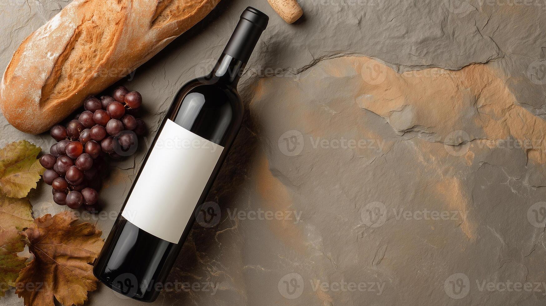 Elegant wine bottle mockup with blank label, surrounded by grapes and crusty bread on natural slate. Perfect for showcasing premium wine branding and artisanal product presentation. photo