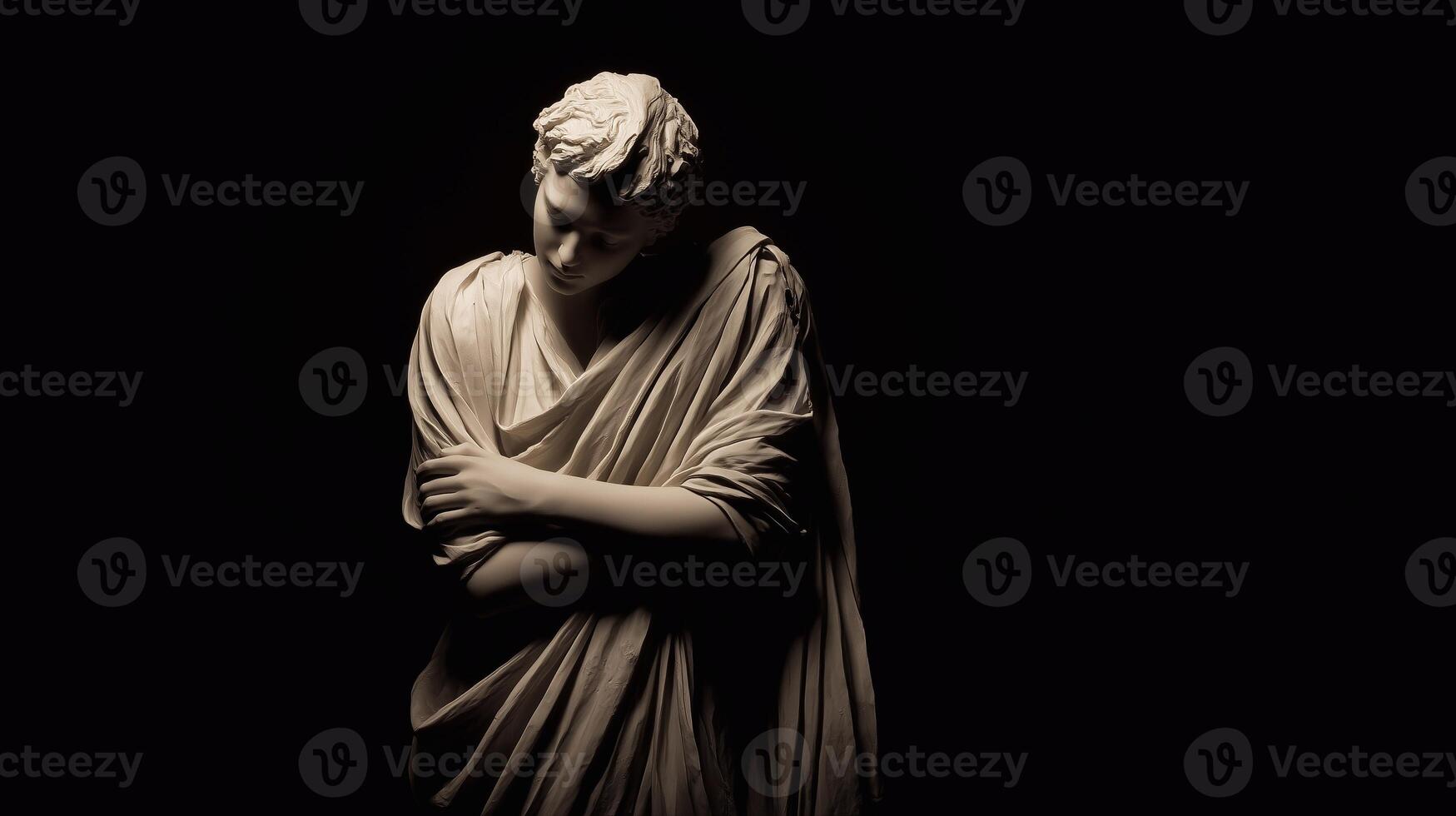 Dramatic sculpture of a pensive female figure in darkness, symbolizing emotional pain, loneliness, anxiety, and mental health struggles, with soft shadows and classical drapery. photo