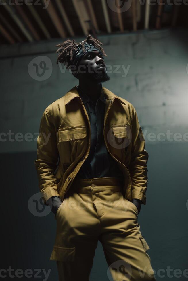 Stylish African American man wearing a yellow outfit stands confidently in a dimly lit industrial space, showcasing modern fashion and urban aesthetics with a captivating pose and expression photo