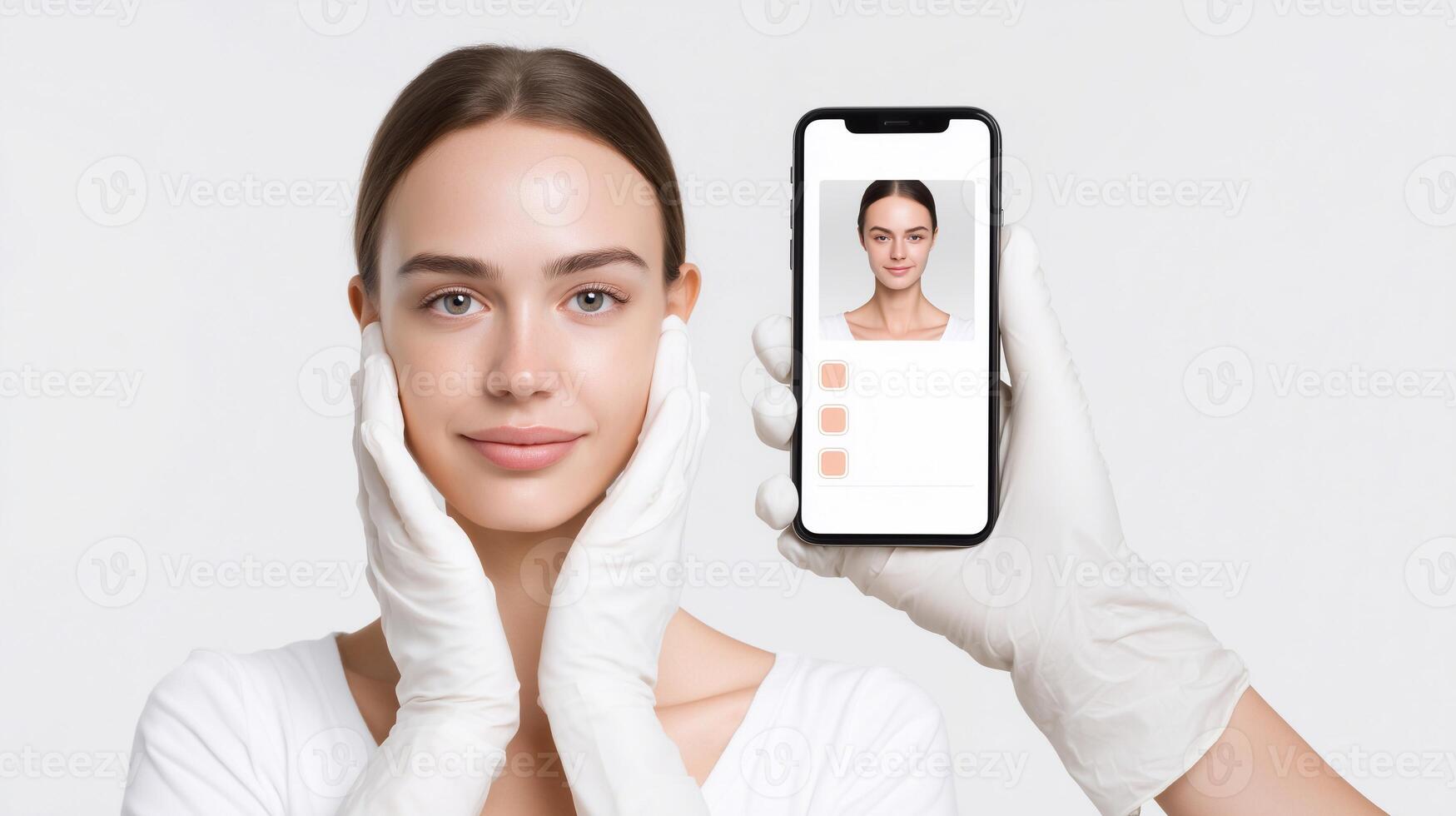 Young woman with smooth skin is holding her face while examining beauty app on smartphone, showcasing virtual skin analysis with gloves on hands in a bright and clean environment photo
