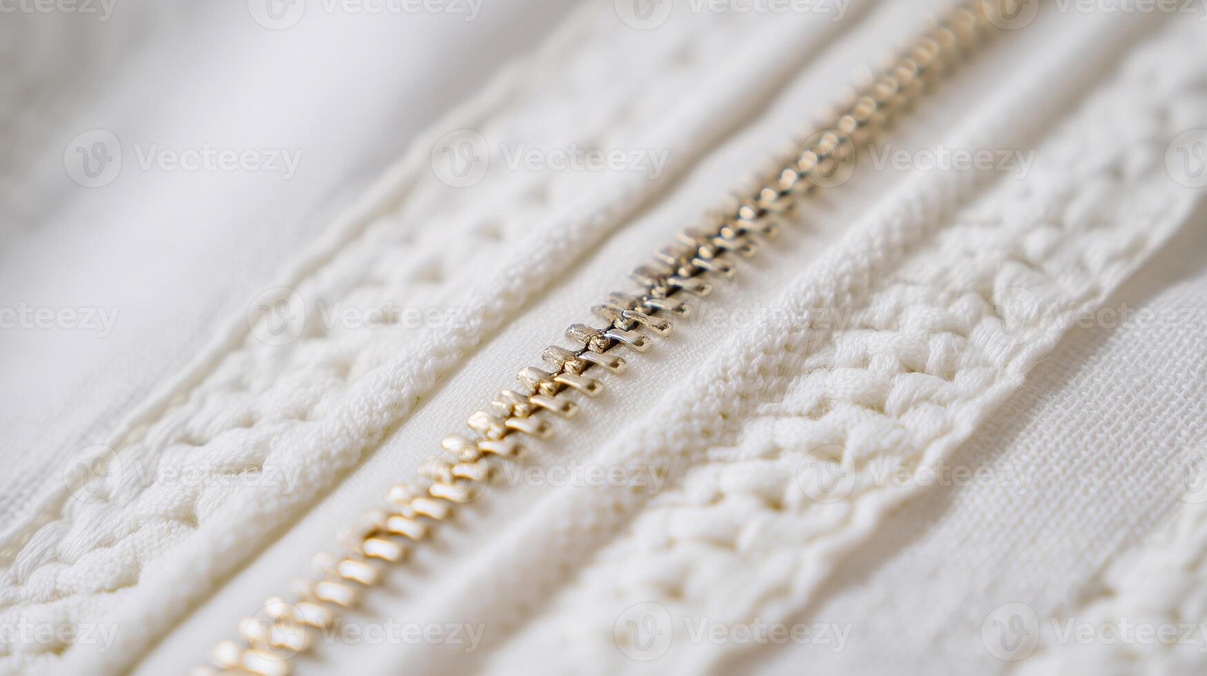 Close-up of a delicate gold zipper on a textured white fabric, showcasing intricate stitching and craftsmanship, highlighting the elegance and detail of fashion design and textile artistry photo