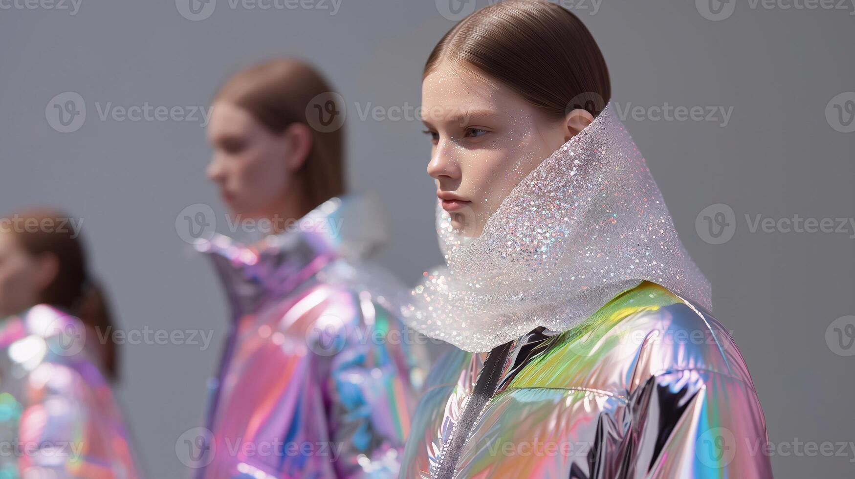 Fashion models showcasing futuristic outfits with iridescent textures and shimmering fabrics, featuring stylish coats and accessories, creating a vibrant atmosphere in a contemporary runway setting photo
