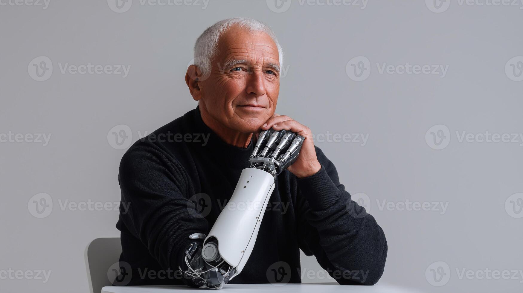 Elderly man with gray hair and a confident expression, showcasing a modern prosthetic arm while resting his chin on his hand, symbolizing resilience and technological advancement in healthcare photo