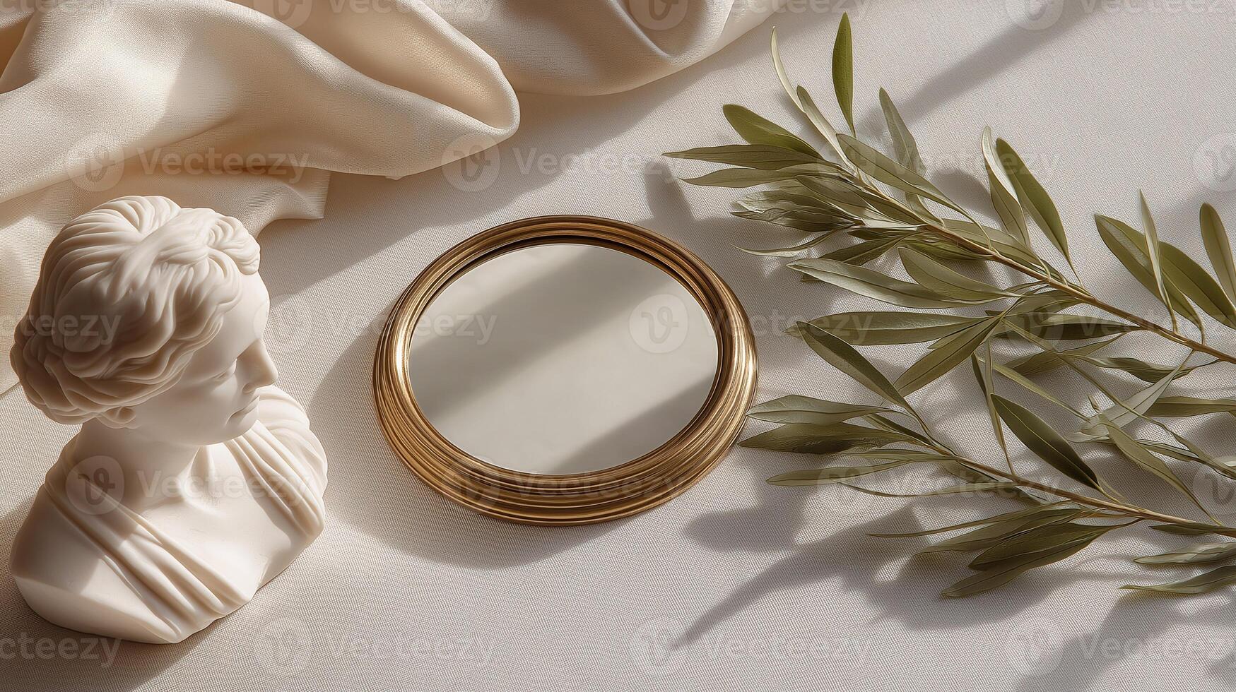 Elegant still life composition featuring a classical bust sculpture, a round mirror with a golden frame, and lush green olive leaves on a soft fabric background, creating a serene atmosphere photo