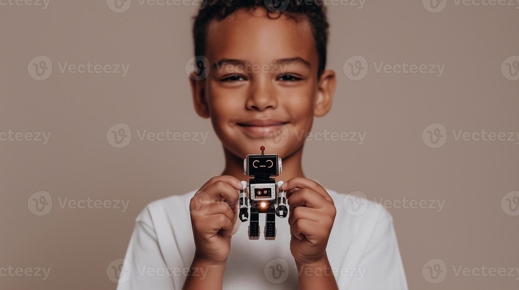 Young boy with curly hair joyfully holding a vintage robot toy in his hands, showcasing a playful expression against a soft neutral background, embodying childhood innocence and creativity photo