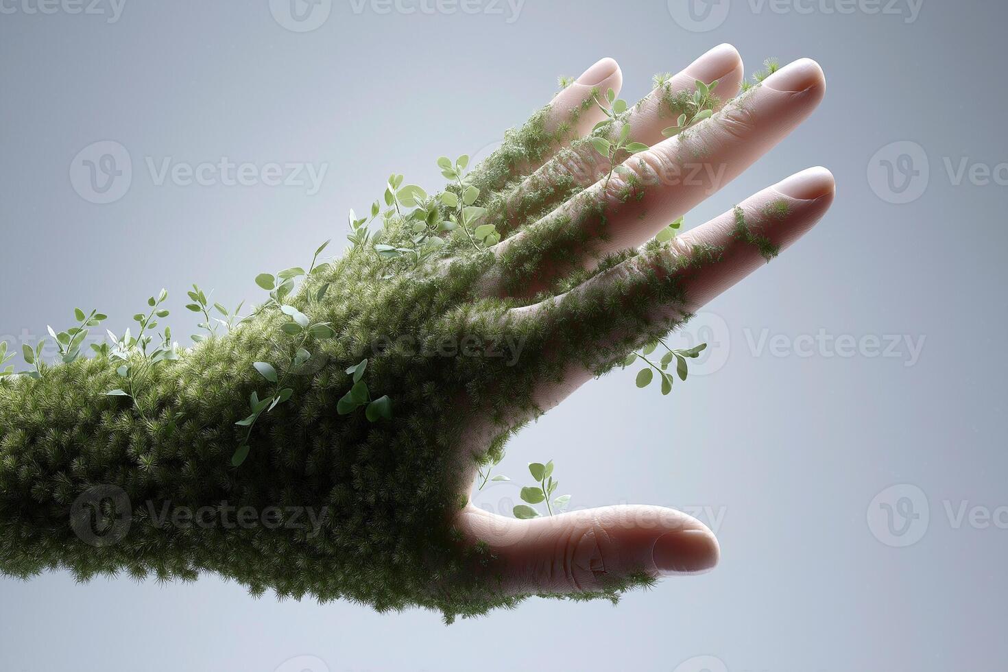 Hand covered in vibrant green moss and small plants, symbolizing nature's connection to humanity, showcasing a blend of organic textures and human form in a creative visual representation photo