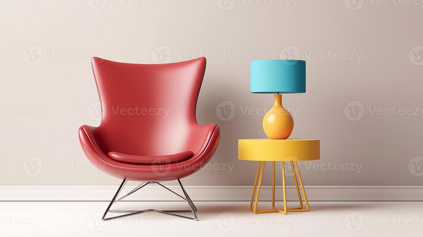 Modern red lounge chair with sleek design positioned beside a vibrant yellow side table and blue lamp, creating a stylish and inviting atmosphere in contemporary interior decor photo