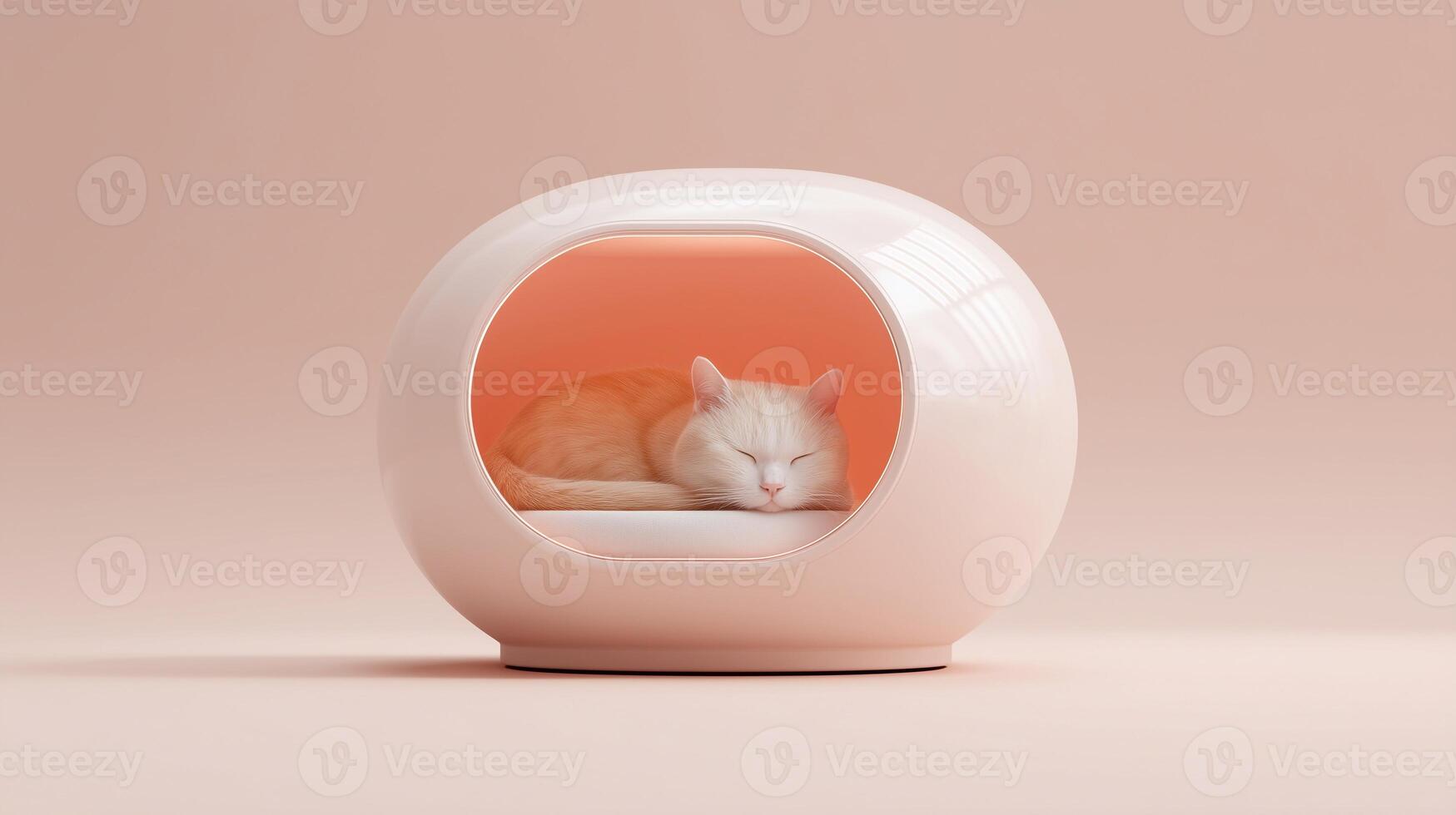 Cozy sleeping cat nestled inside modern pet bed with soft curves and warm colors, creating a serene atmosphere, showcasing comfort and relaxation in a stylish interior design setting photo