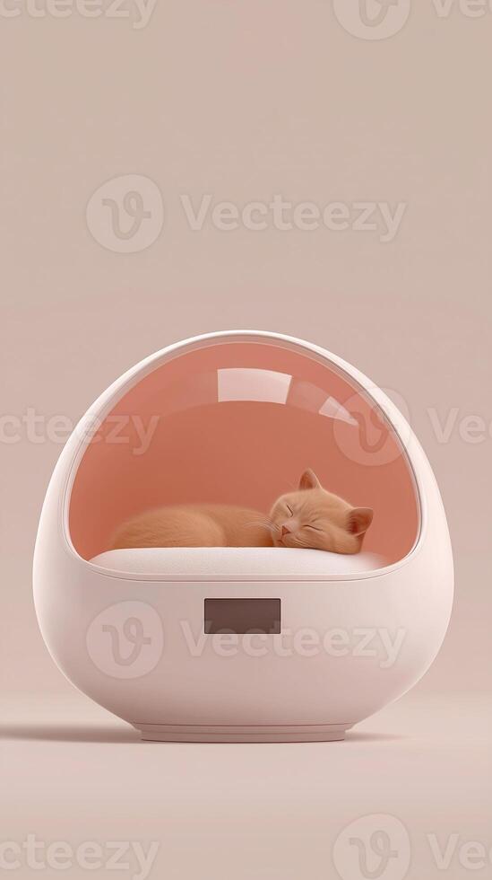 Cozy cat sleeping peacefully inside modern pet bed with transparent dome, featuring soft cushion and stylish design, creating a serene atmosphere for relaxation and comfort in a contemporary setting photo