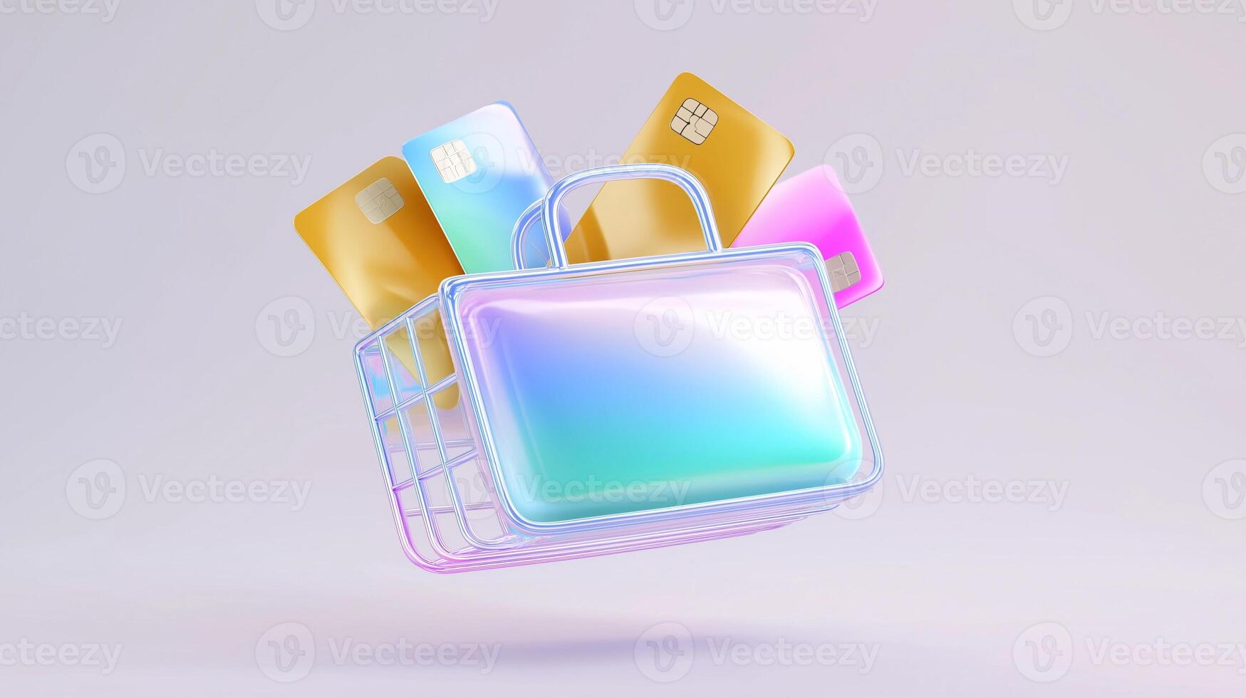 Colorful shopping basket with glossy credit cards floating above, showcasing modern digital payment methods and online shopping concepts in a vibrant, minimalist design with a soft gradient background photo