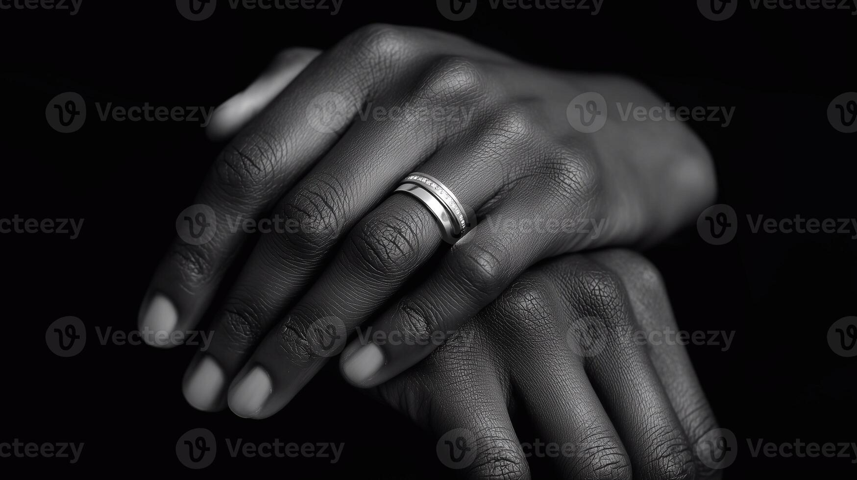 Close-up of elegant hands with a silver ring, showcasing intricate textures and details against a dark background, emphasizing beauty and craftsmanship in jewelry design and personal expression photo