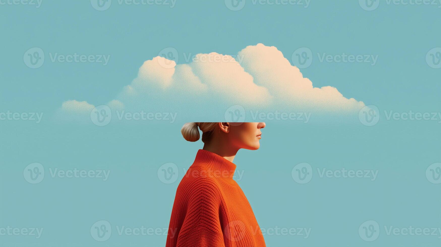 Conceptual portrait of woman with her head merging into a cloud, symbolizing mental health, daydreaming, dissociation, and emotional introspection. Minimalist surreal mood on blue background. photo