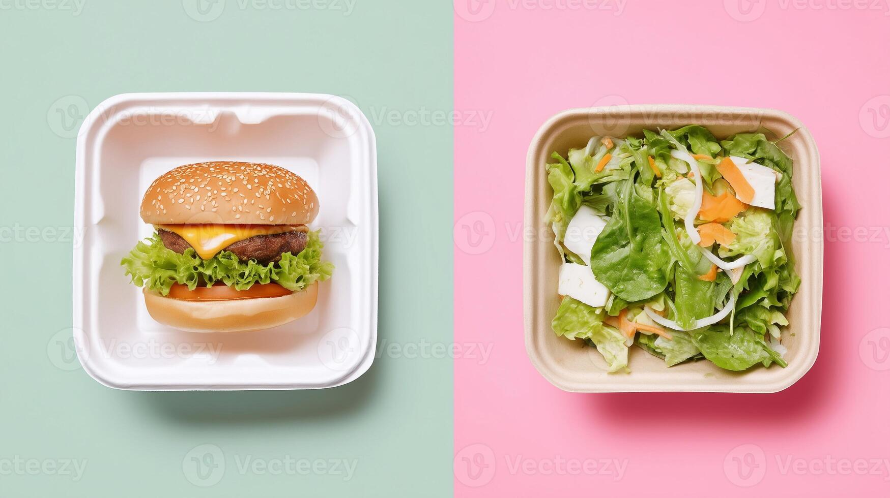 Burger and salad in takeout containers on colorful background. Concept of food choices, healthy eating vs fast food, diet contrast, nutrition balance, modern lifestyle, minimal pop art. photo