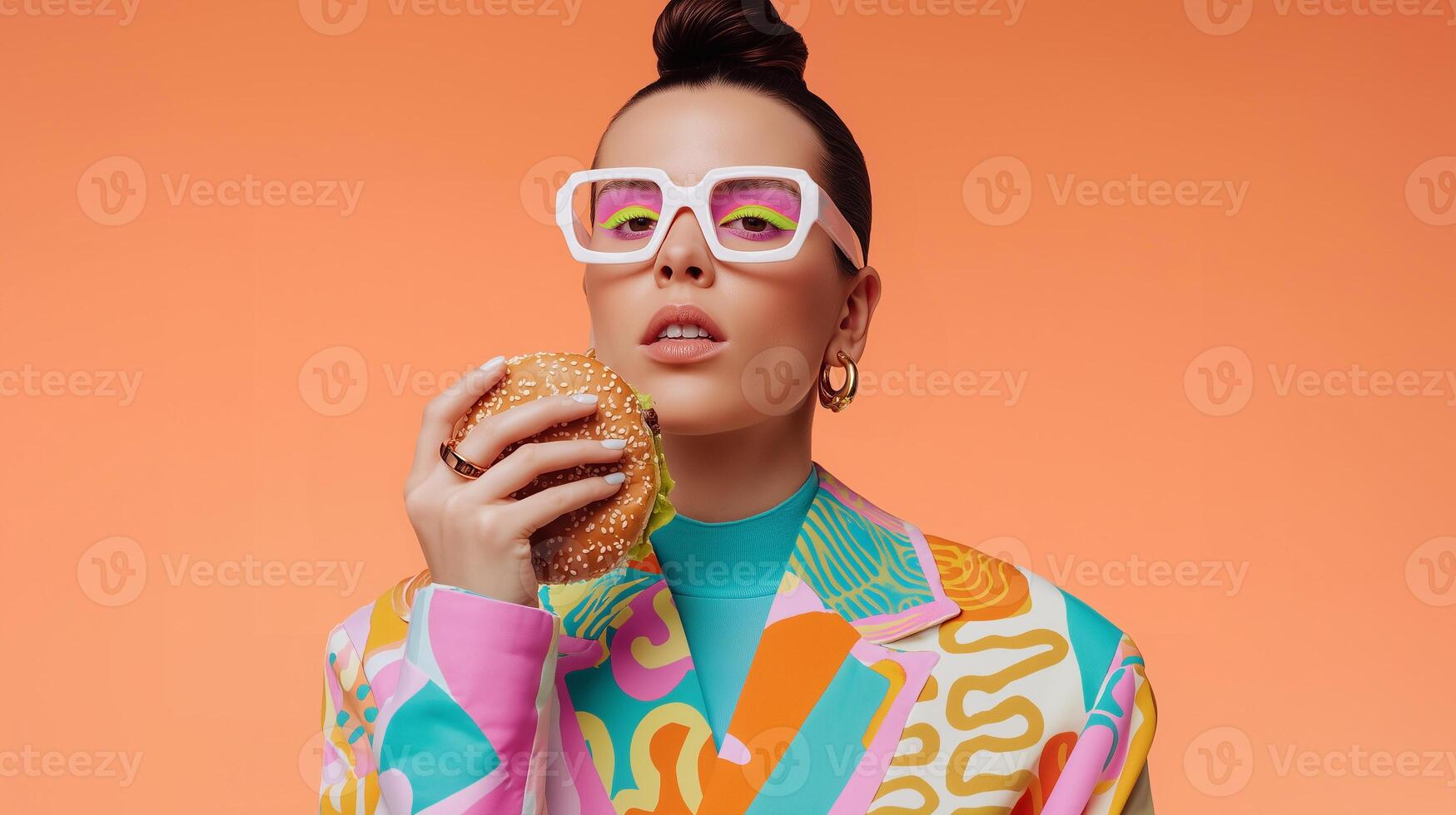 Trendy woman in colorful outfit holding burger on orange background. Eclectic fashion, bold makeup, Gen Z aesthetics, pop art vibe, fast food culture, vibrant urban style, retro-futuristic look. photo