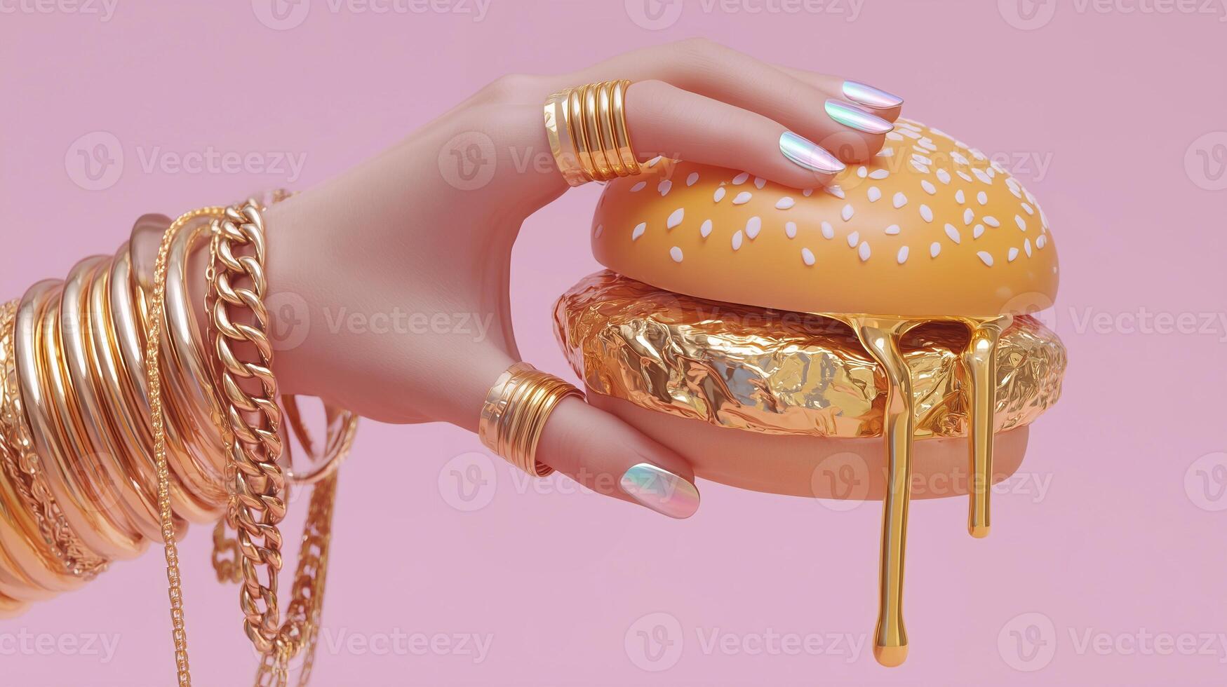 Luxurious surreal image of a manicured hand with gold jewelry holding a golden dripping burger. Glamorous concept combining fast food and high fashion on a pastel background. photo