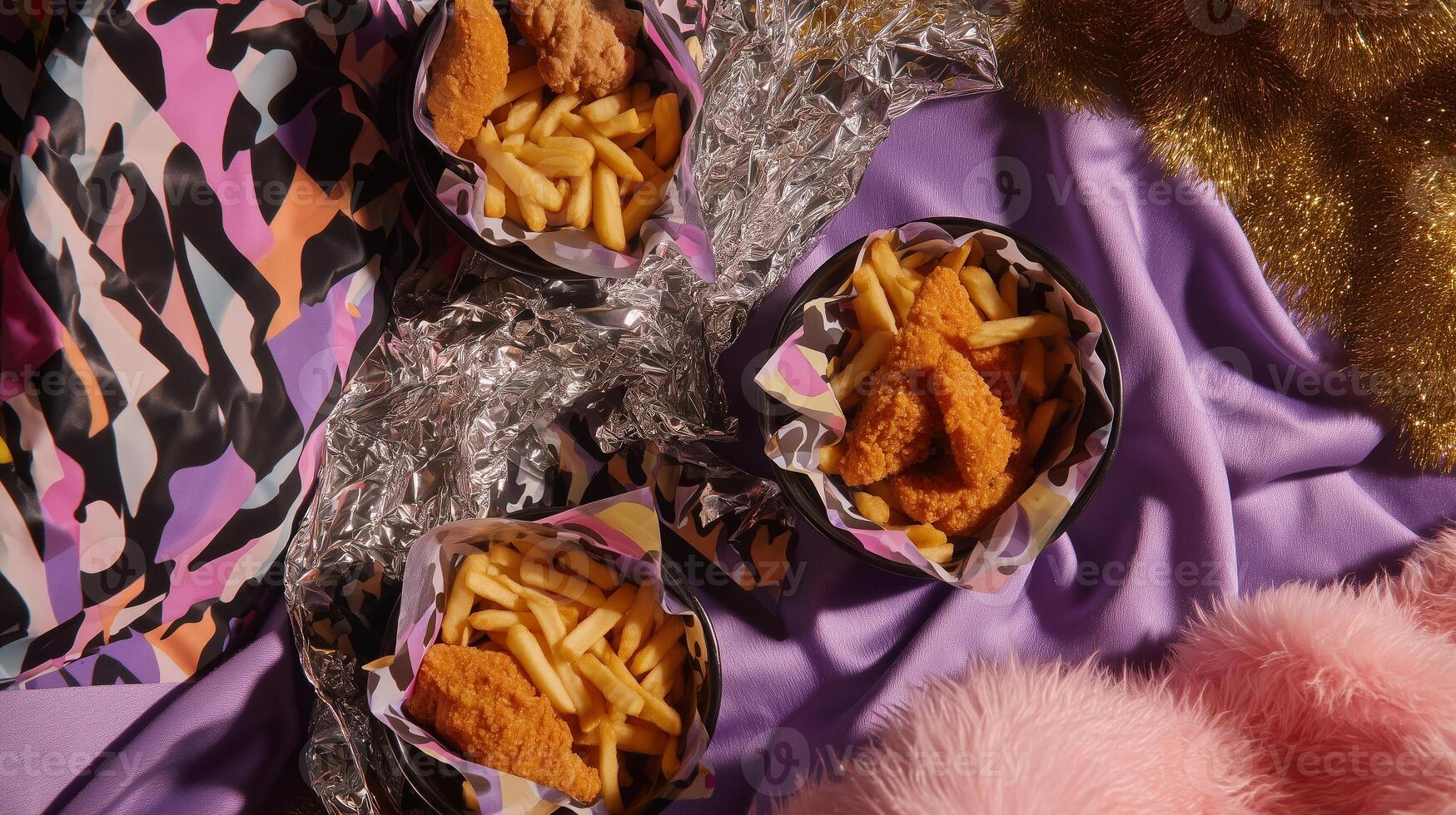 Flat lay of crispy fried chicken and golden fries in patterned packaging on eclectic background with foil, satin and fur textures. Bold fast food styling with playful party aesthetics. photo