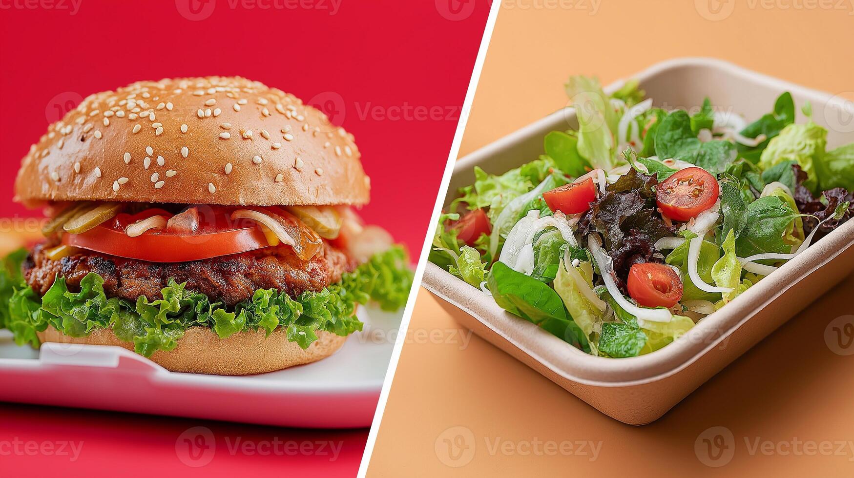 Conceptual contrast between unhealthy fast food and fresh healthy salad, symbolizing dietary choices, nutrition balance, and lifestyle habits through vivid studio photography. photo