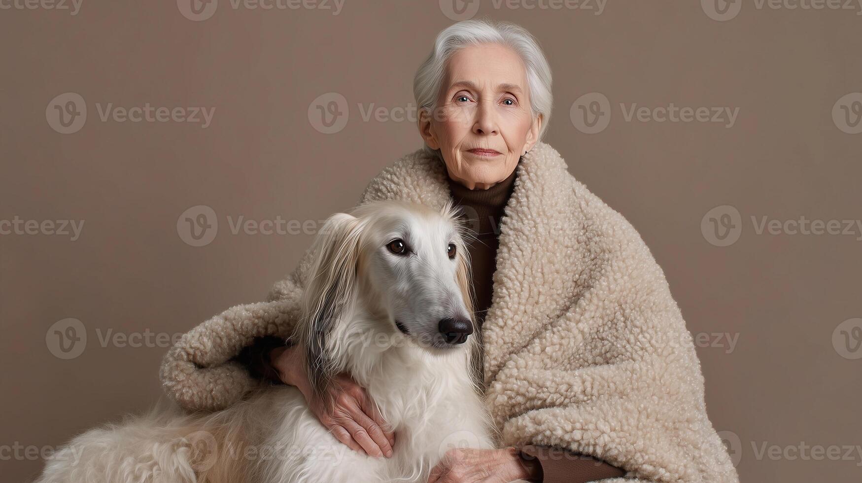 Elegant senior woman with long-haired dog, both wrapped in cozy wool. Calm portrait symbolizing companionship, aging with grace, and luxury pet lifestyle. photo