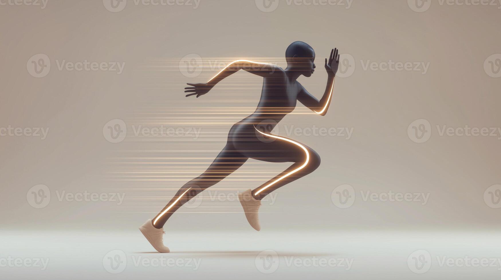 Futuristic female athlete in dynamic motion with glowing lines and speed effect. Concept of performance, technology, energy, sport and innovation in modern digital style. photo