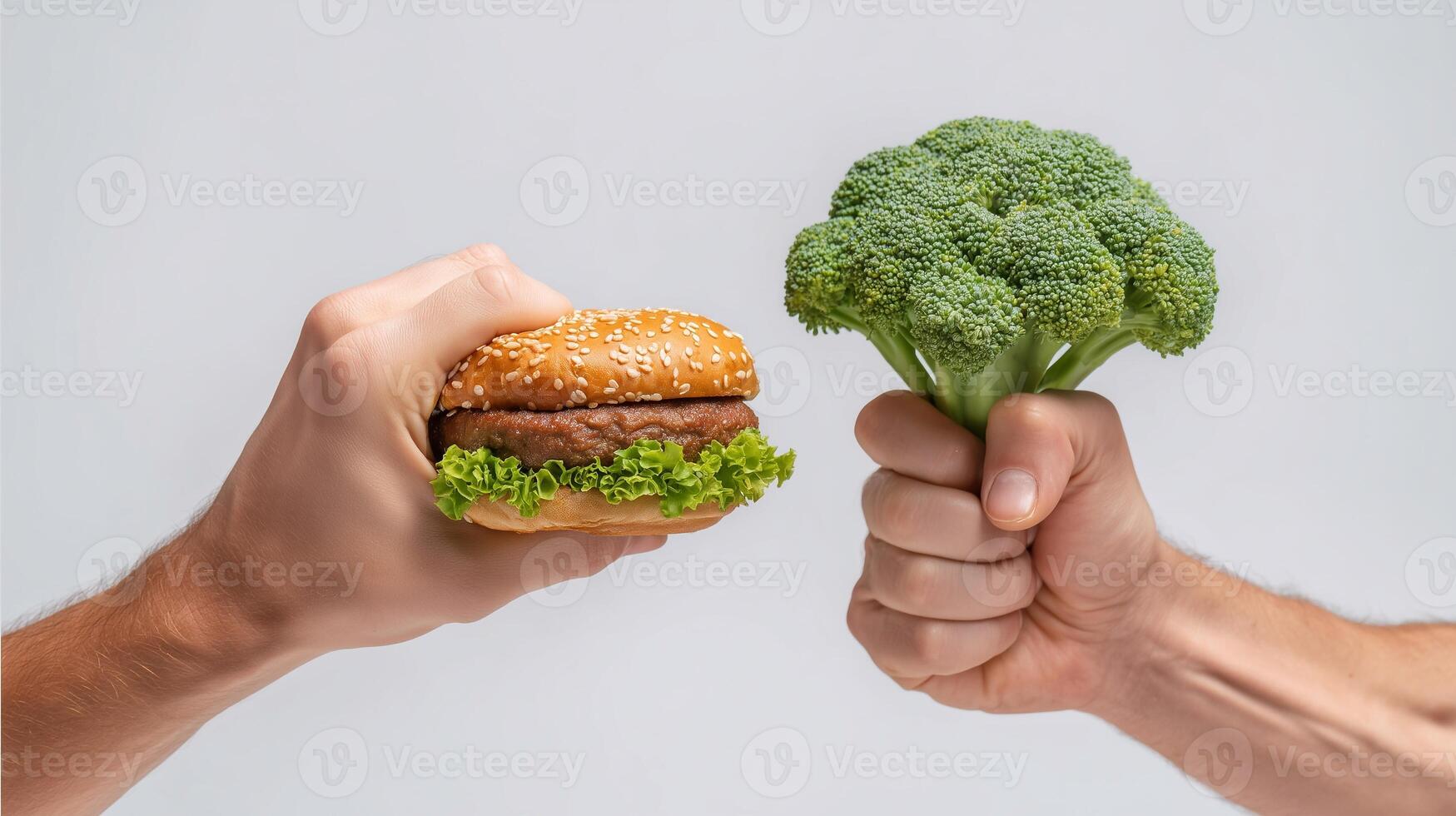Two hands hold burger and broccoli in opposition, illustrating the contrast between fast food and healthy eating. Ideal for diet, nutrition, lifestyle, and food choice concepts. photo