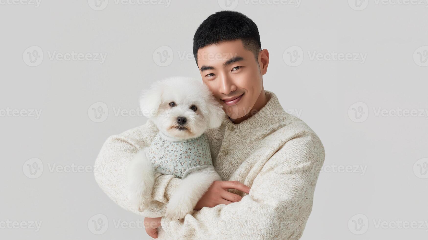 Smiling man hugging cute white dog in cozy outfit, both wearing matching warm sweaters. Minimalist background, joyful mood, perfect for lifestyle, pet love, and winter season concepts. photo