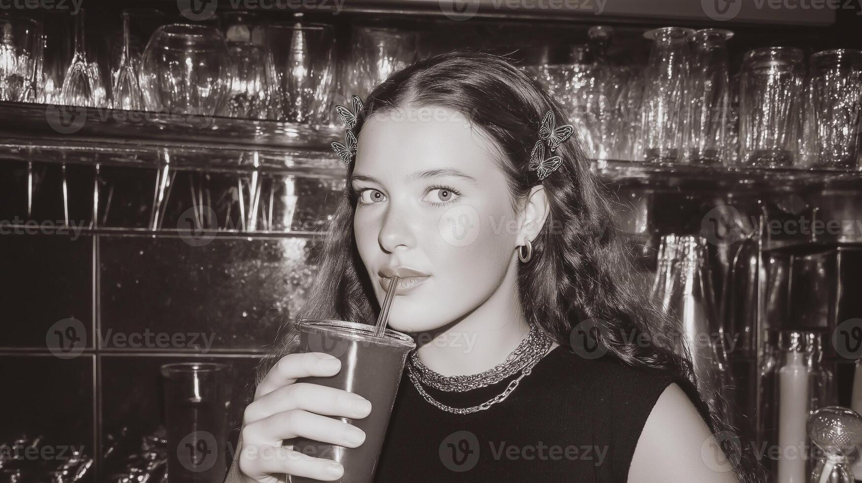 2000s-inspired young woman sipping a drink in a retro cafe bar, wearing butterfly hair clips and layered chain necklaces, captured in an elegant monochrome portrait. photo