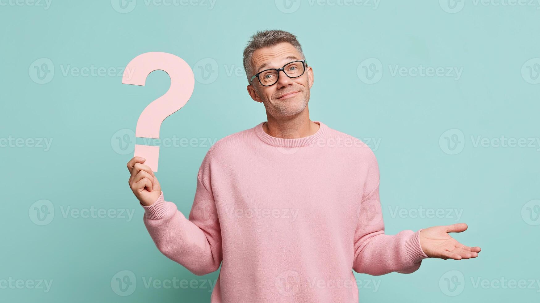 Confused mature man in glasses and pink sweater holding question mark, showing uncertainty, puzzled facial expression, concept of doubt, curiosity, decision-making, isolated on pastel background. photo