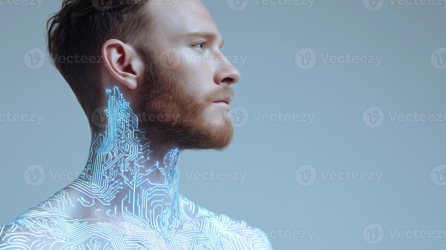 Profile of a futuristic man with glowing circuit patterns on his skin, symbolizing human and artificial intelligence fusion, cybernetic future, technology integration, and innovation. photo