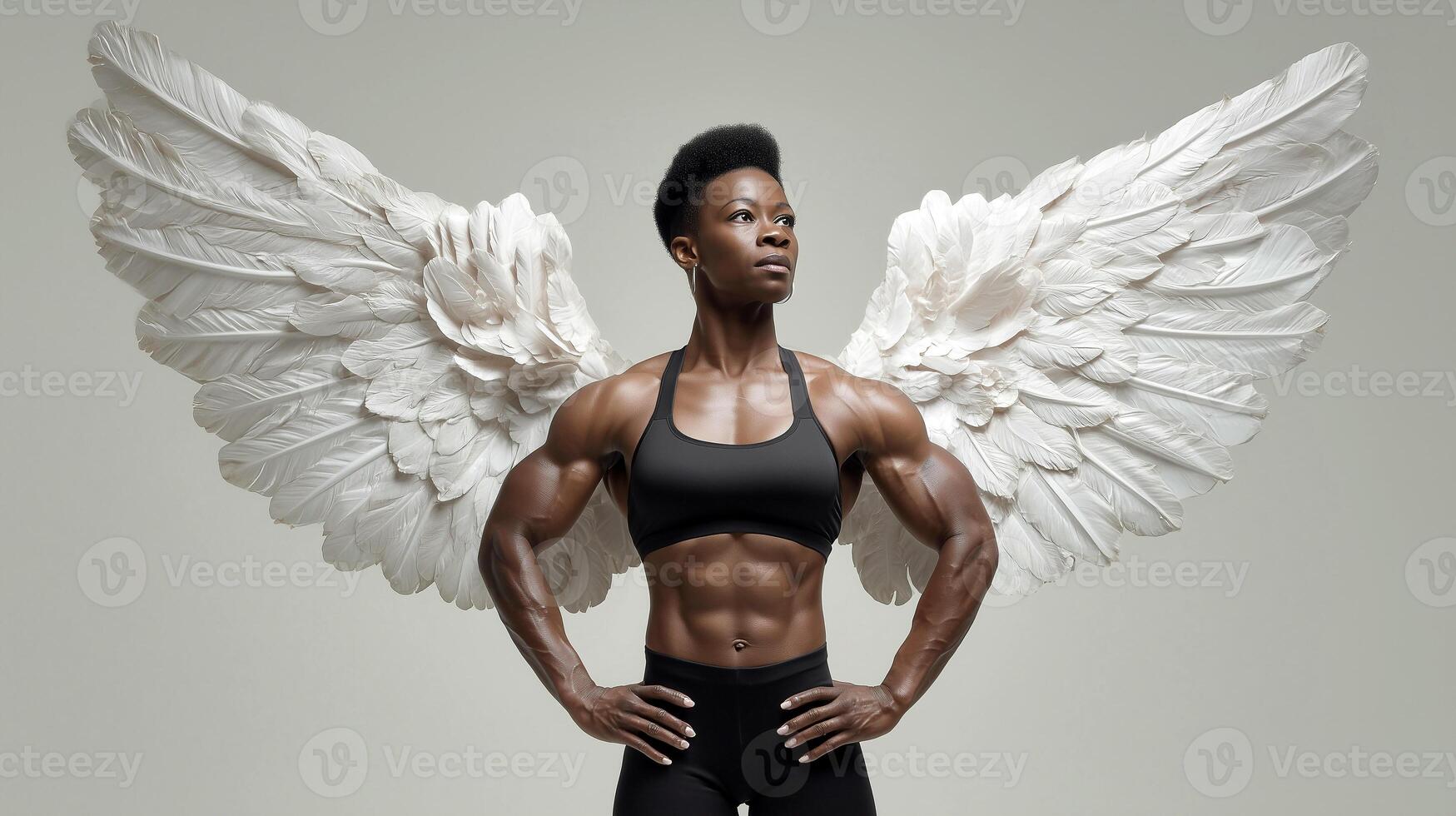Powerful female bodybuilder with white angel wings in athletic pose, representing strength, divinity, and empowerment. A unique blend of fitness, fantasy, and bold visual symbolism. photo