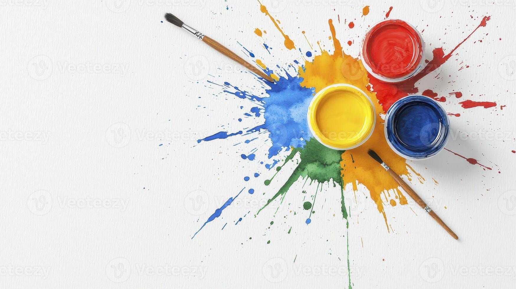 Colorful paints and brushes ready for creative expression in a collaborative artistic environment for teamwork photo