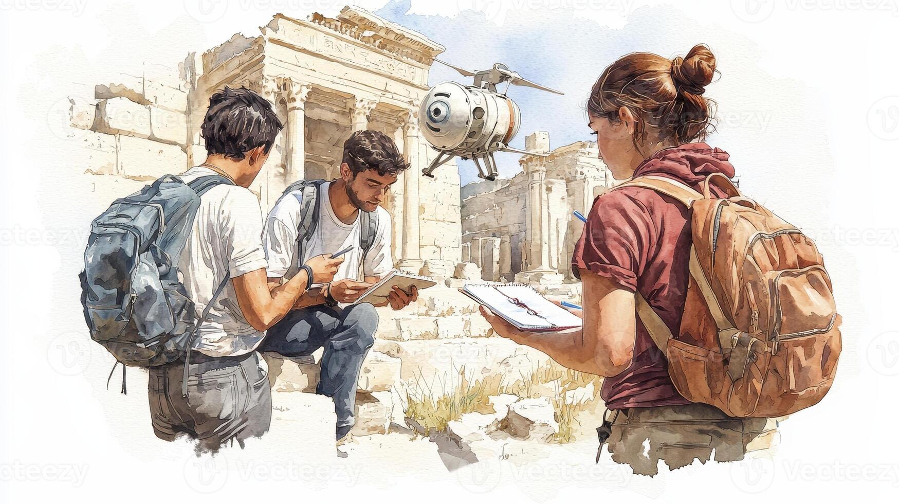 A man and woman observing and taking notes during a drone survey of impressive ancient ruins and historical sites photo