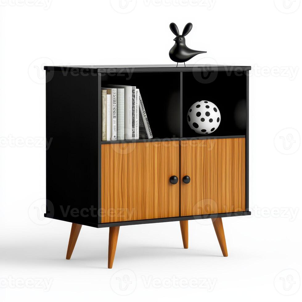 Elegant black and wood cabinet serving as a bookcase for stylish storage and display in a high-quality isolated image photo