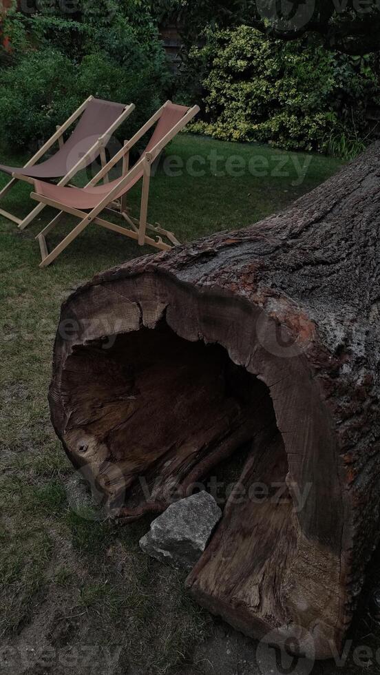 Rustic garden lounge with wooden log and chairs for nature-inspired content photo