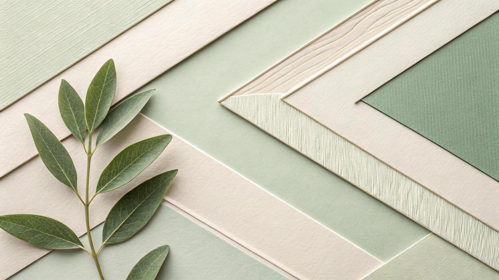Eucalyptus sprig rests on textured neutral paper layers, creating a soothing and stylish abstract composition photo