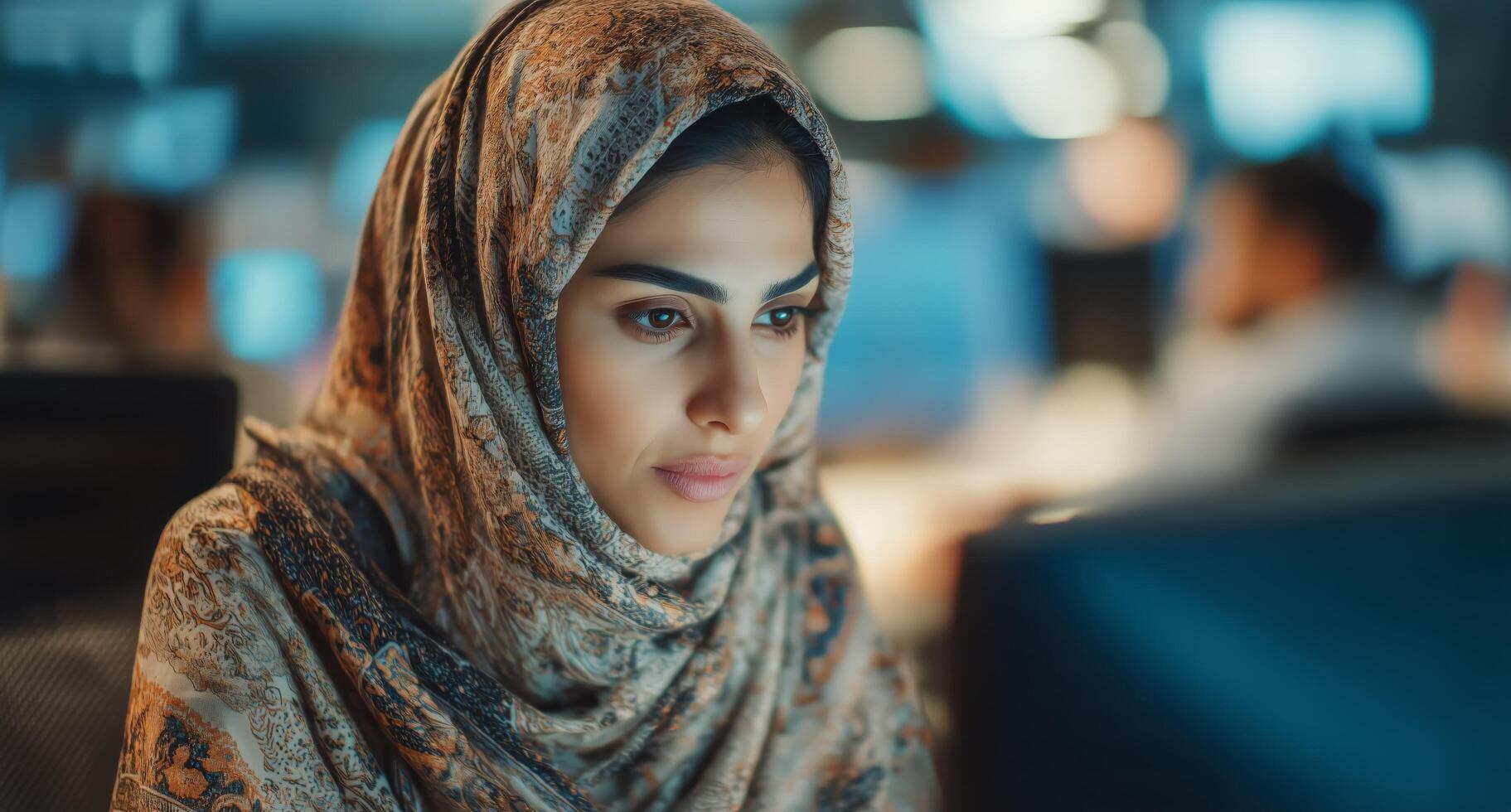 A woman in a hijab is looking at a computer screen photo