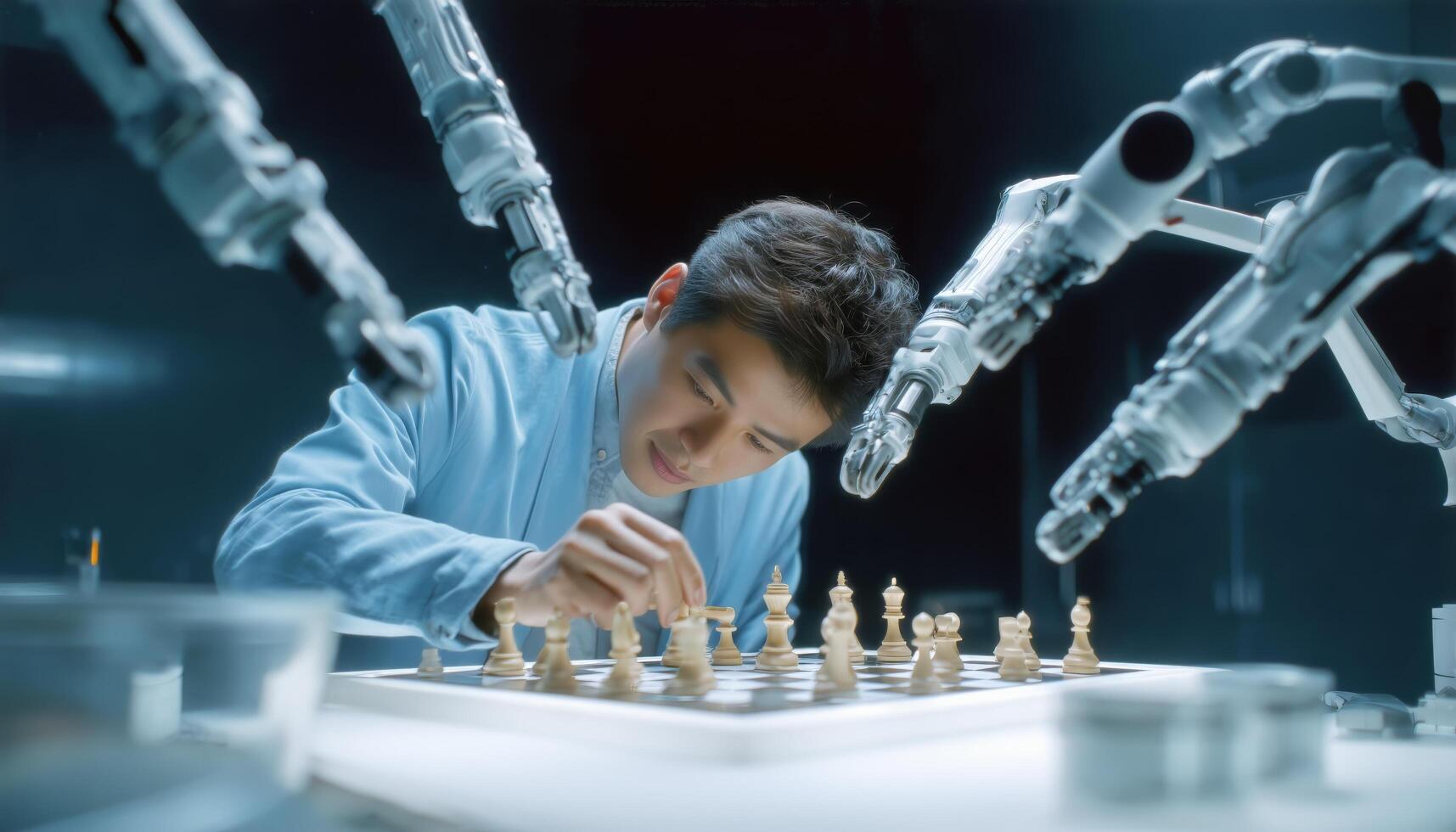 A man playing chess with robots photo