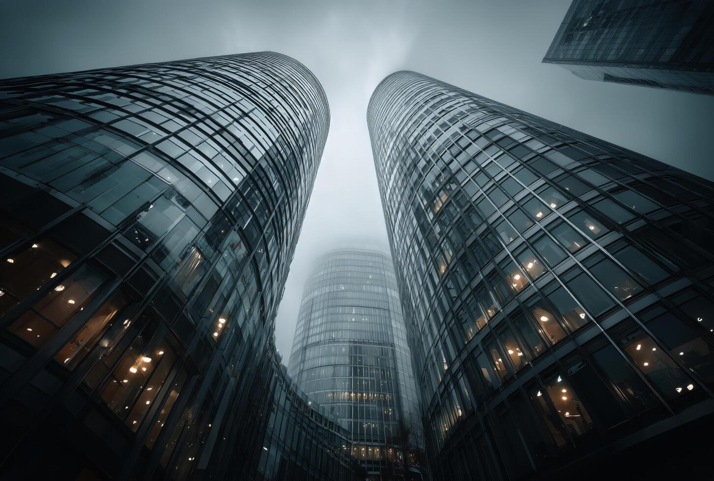 Two tall buildings in the fog with lights on photo