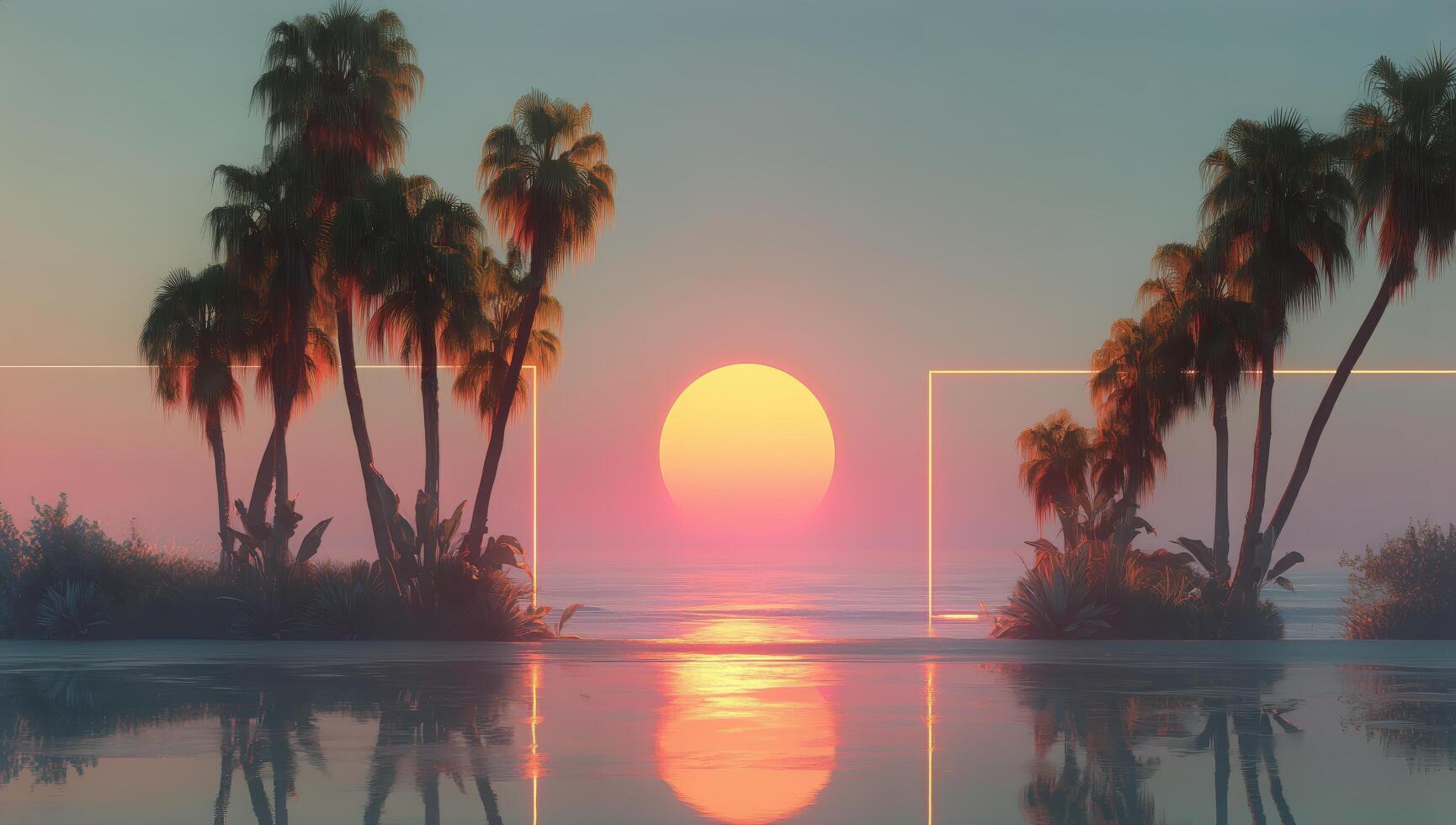 A sunset with palm trees and a beach photo