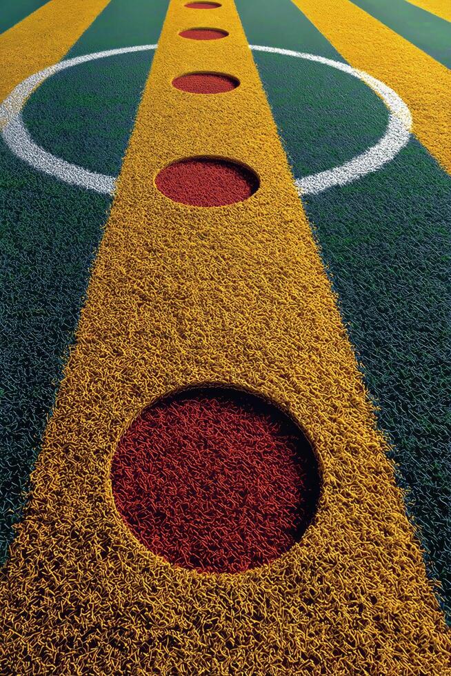 A soccer field with a red and yellow stripe photo