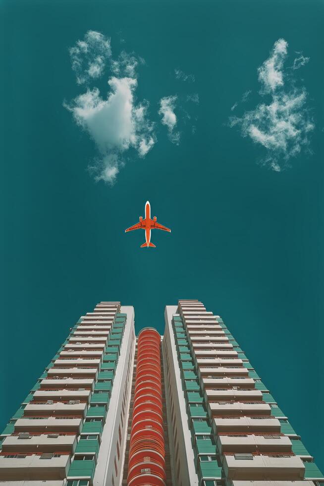 A plane flying over a tall building with a red stripe photo
