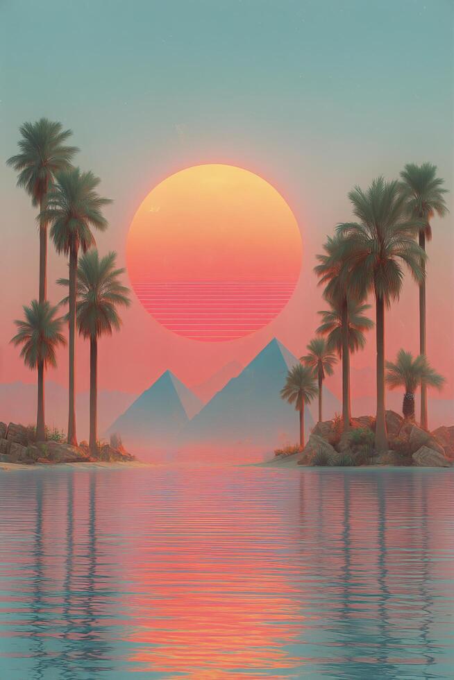 An artistic painting of palm trees and the sun setting over the water photo