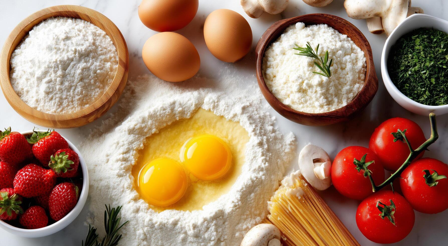 Ingredients for pasta, eggs, tomatoes, mushrooms, and other ingredients photo