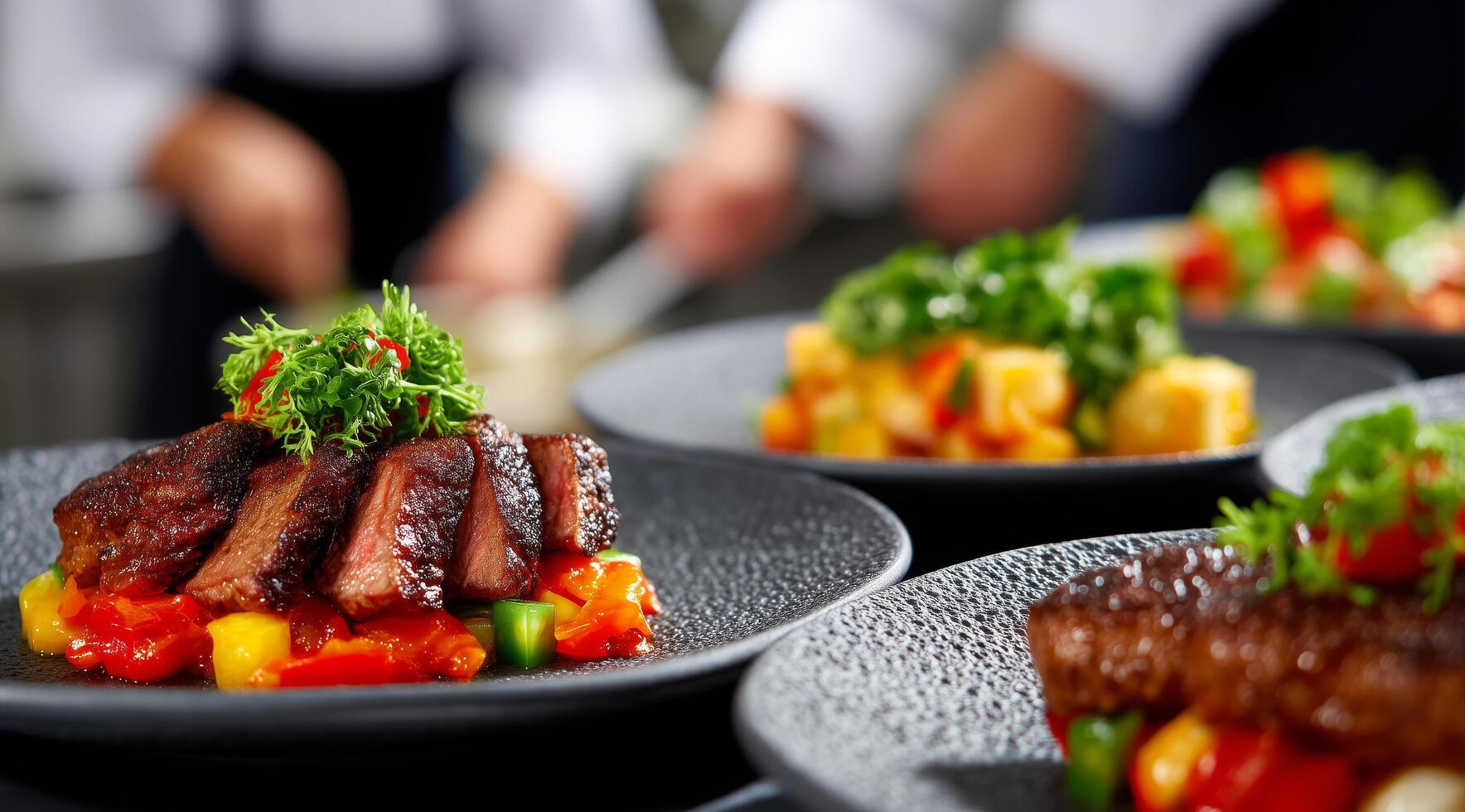 A group of chefs preparing food on plates photo