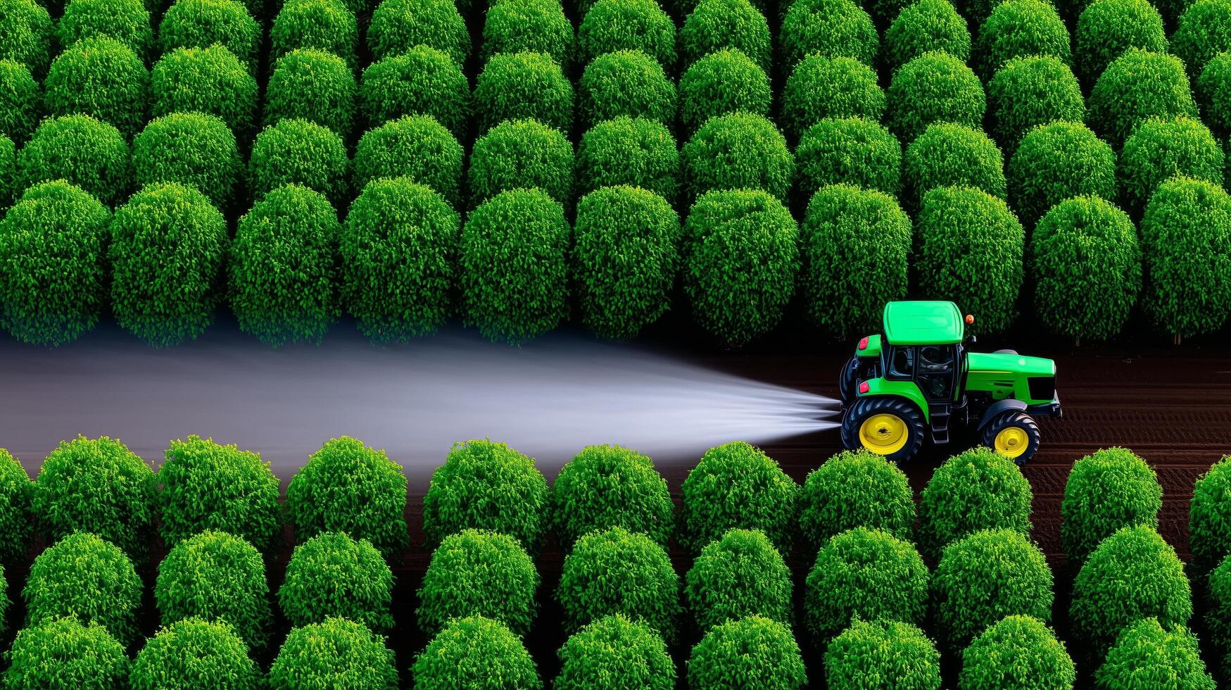 A tractor spraying water on a field of green trees photo