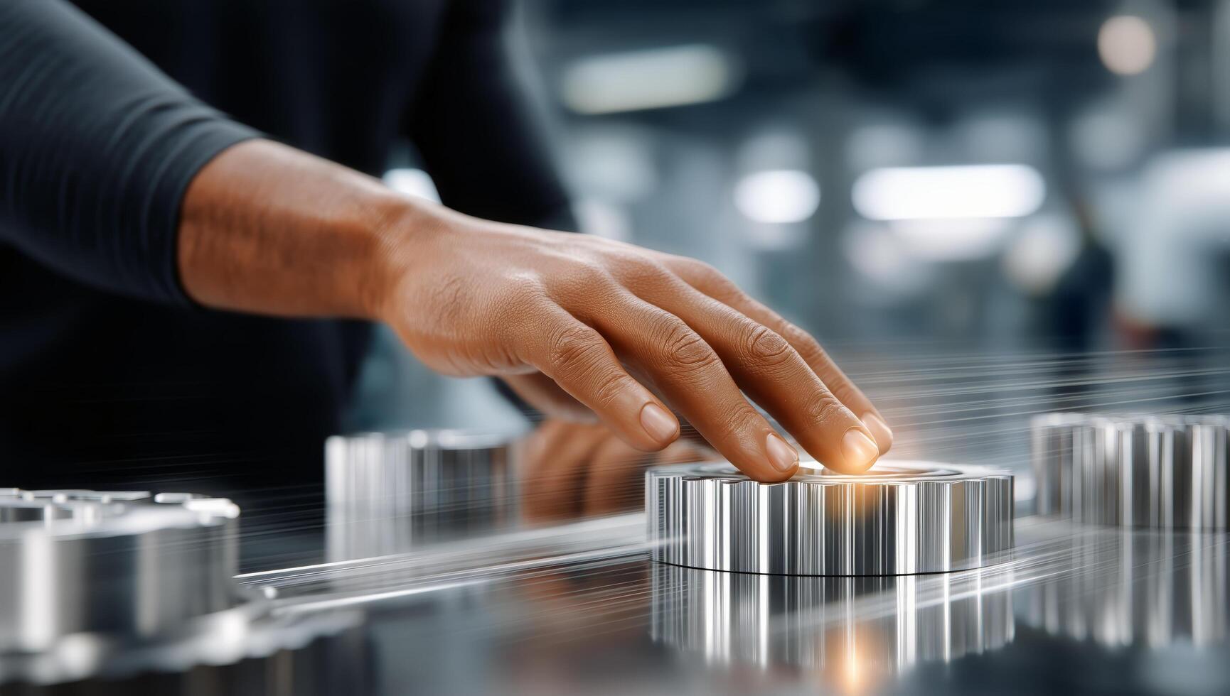A person is touching a metal part on a machine photo