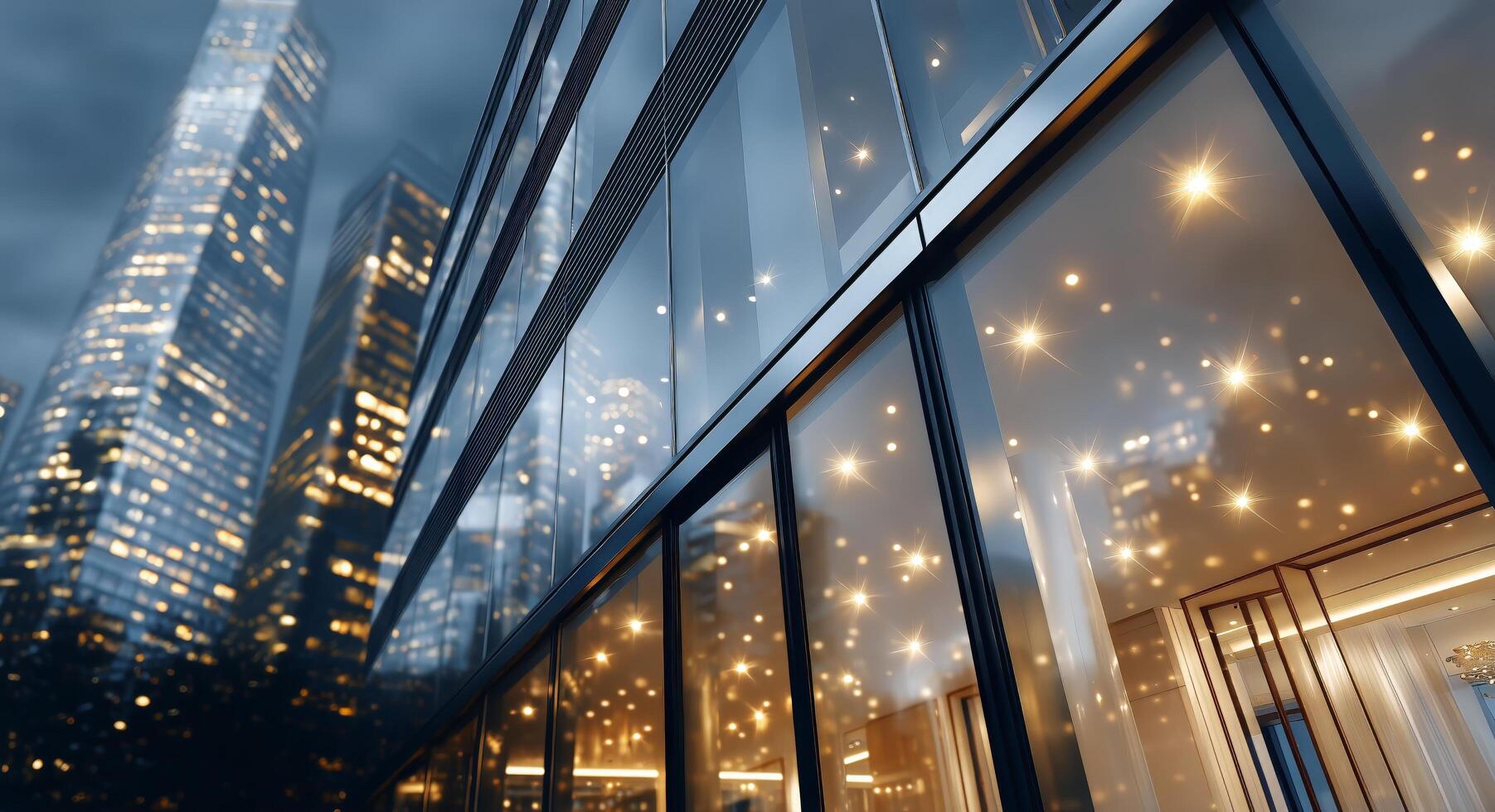 A building with lights on in the night photo